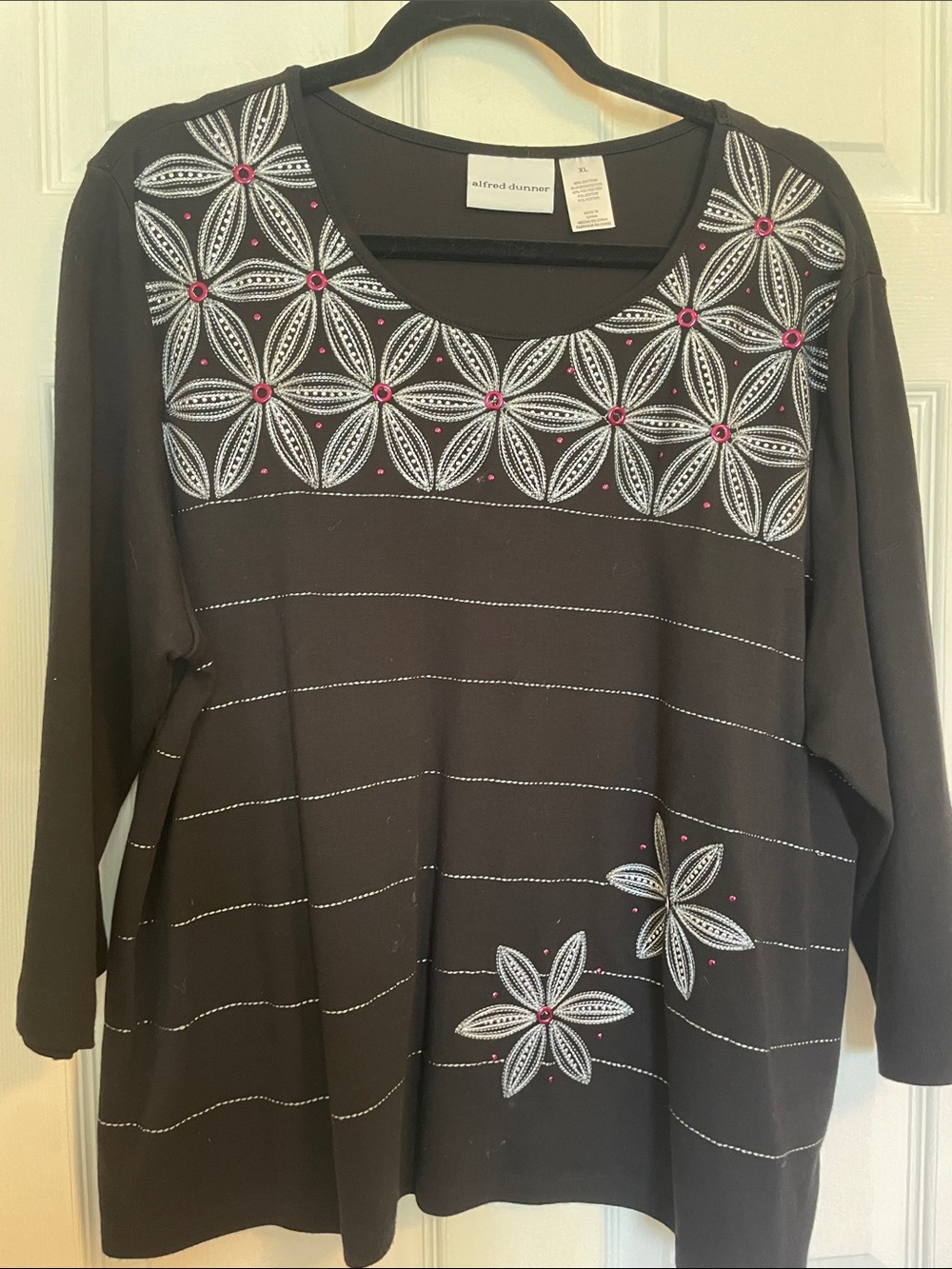 Alfred Dunner Black Embroidered Scoop Neck Women's Top